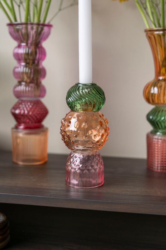 Ljusstake 18cm - Rosa/Orange/Grön